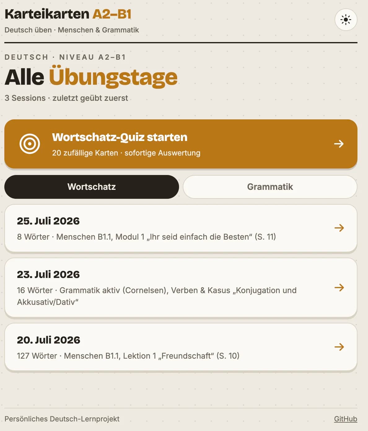 Home page listing auto-discovered practice sessions and grammar sets, with a quiz call-to-action