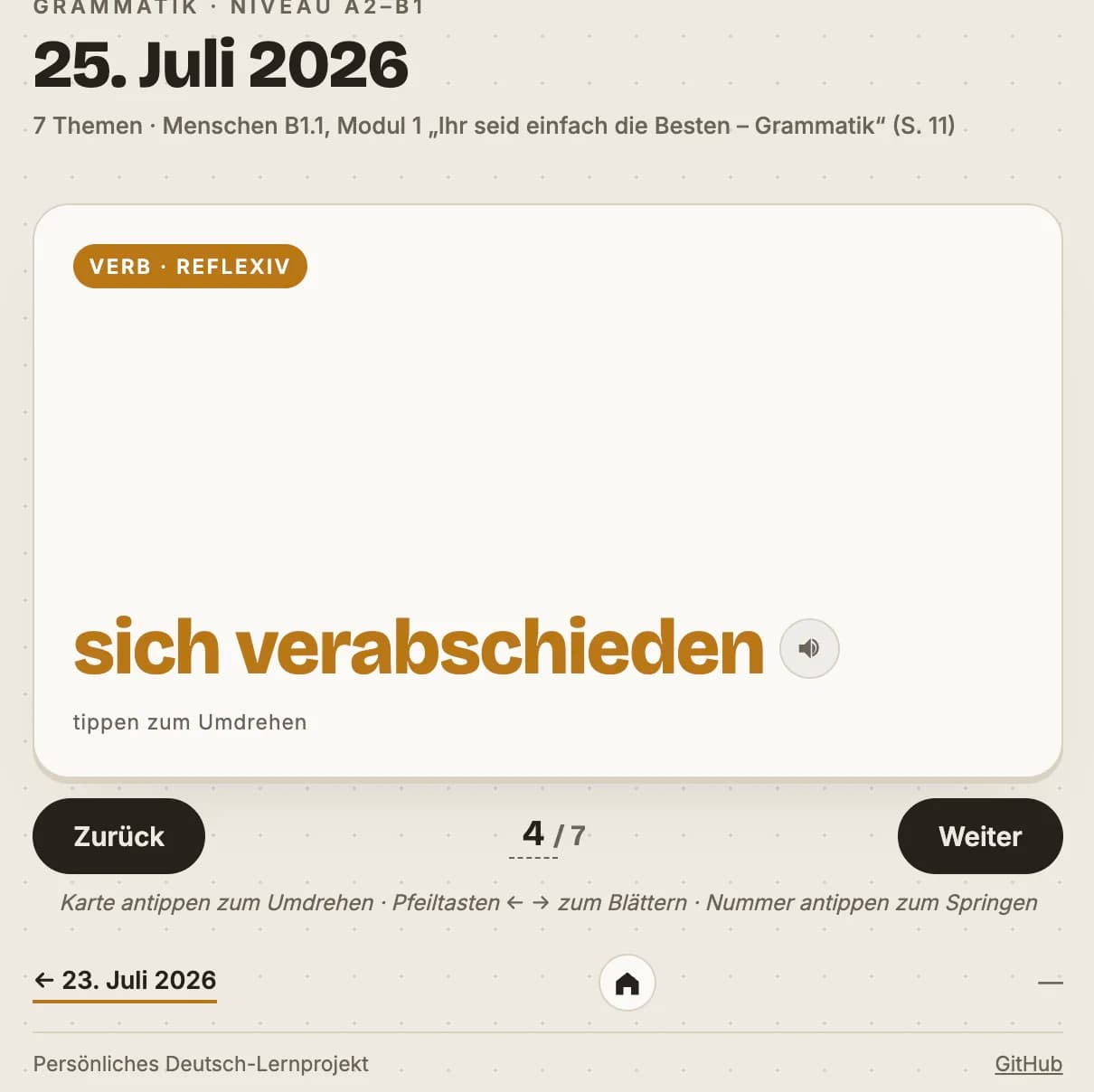 Grammar deck view showing the reflexive verb "sich verabschieden" with keyboard navigation controls